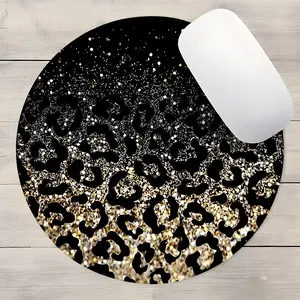 Fashion Black Gold Glitter Leopard Print Round Gaming Mouse Pad, Aesthetic Desktop Decorative Protective Pad, Rubber Anti-slip Lockedge Work Pad, Small Size Suitable for Laptop, Desktop Computer Games, Work, Family
