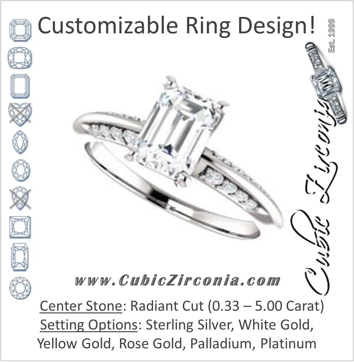 Cubic Zirconia Engagement Ring- The Savannah (Customizable Radiant Cut Artisan Design with Knife-Edged, Inset-Accent 3-sided Band)