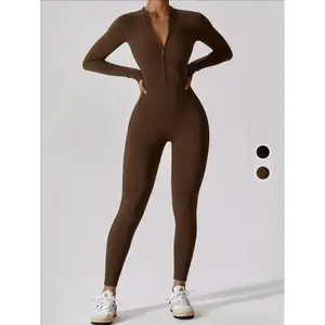 Women’s fall/winter skin-touch long-sleeve zip-front yoga jumpsuit, high-elasticity tight-fit sportswear, casual dance wear, skinny jumpsuit