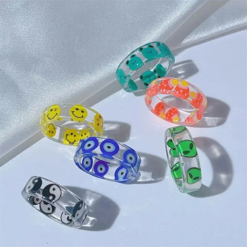 Rings | Evil Eye | Smiley Face | Alien | Yin Yang | Band Ring | Size 6 | Colorful | Fun | Gift