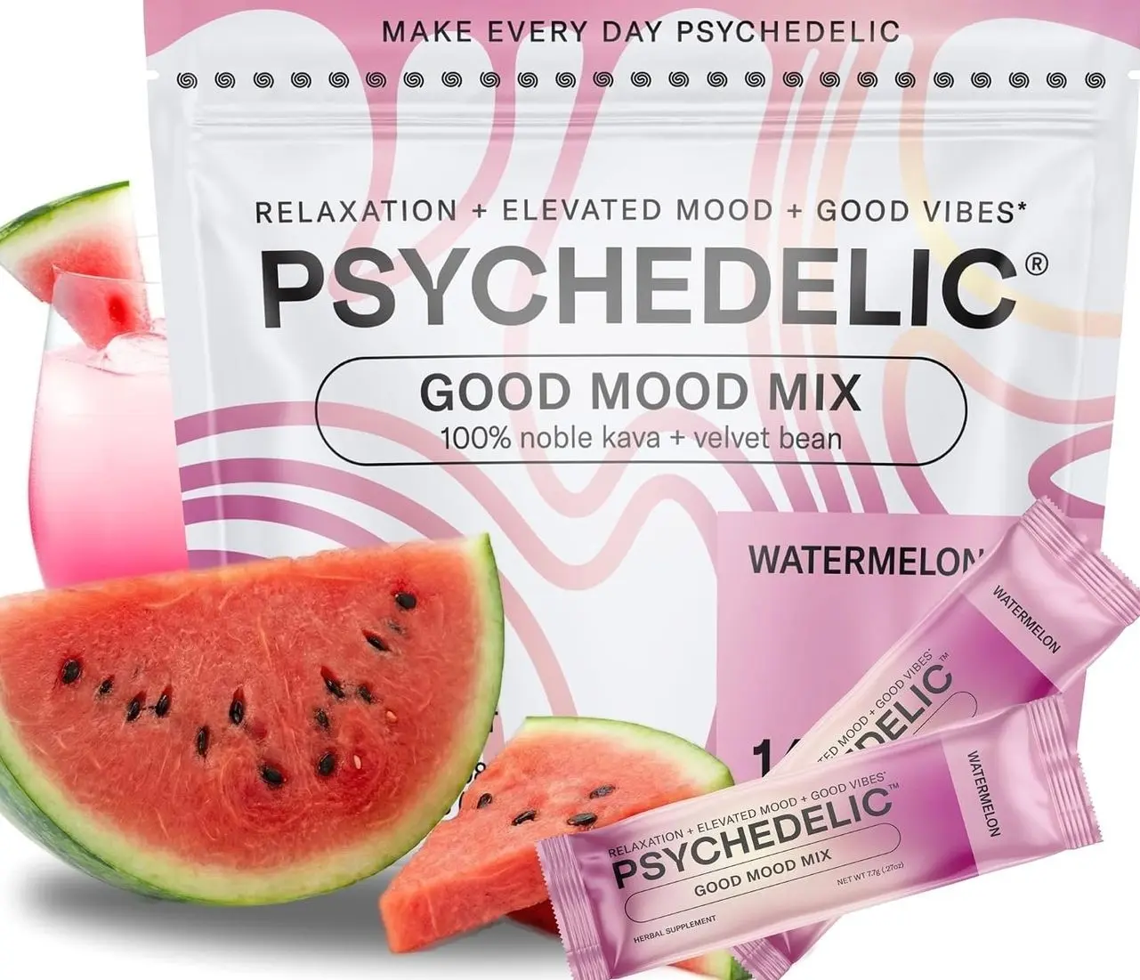 Good Mood Mix - Watermelon - Powder Packets - Calming Kava Drink Mix - Easy Open Single-Serving - Flavored Kava powder - Mucuna Pruriens - Stevia - Non Alcoholic Adaptogen Mocktails - 14 Stick