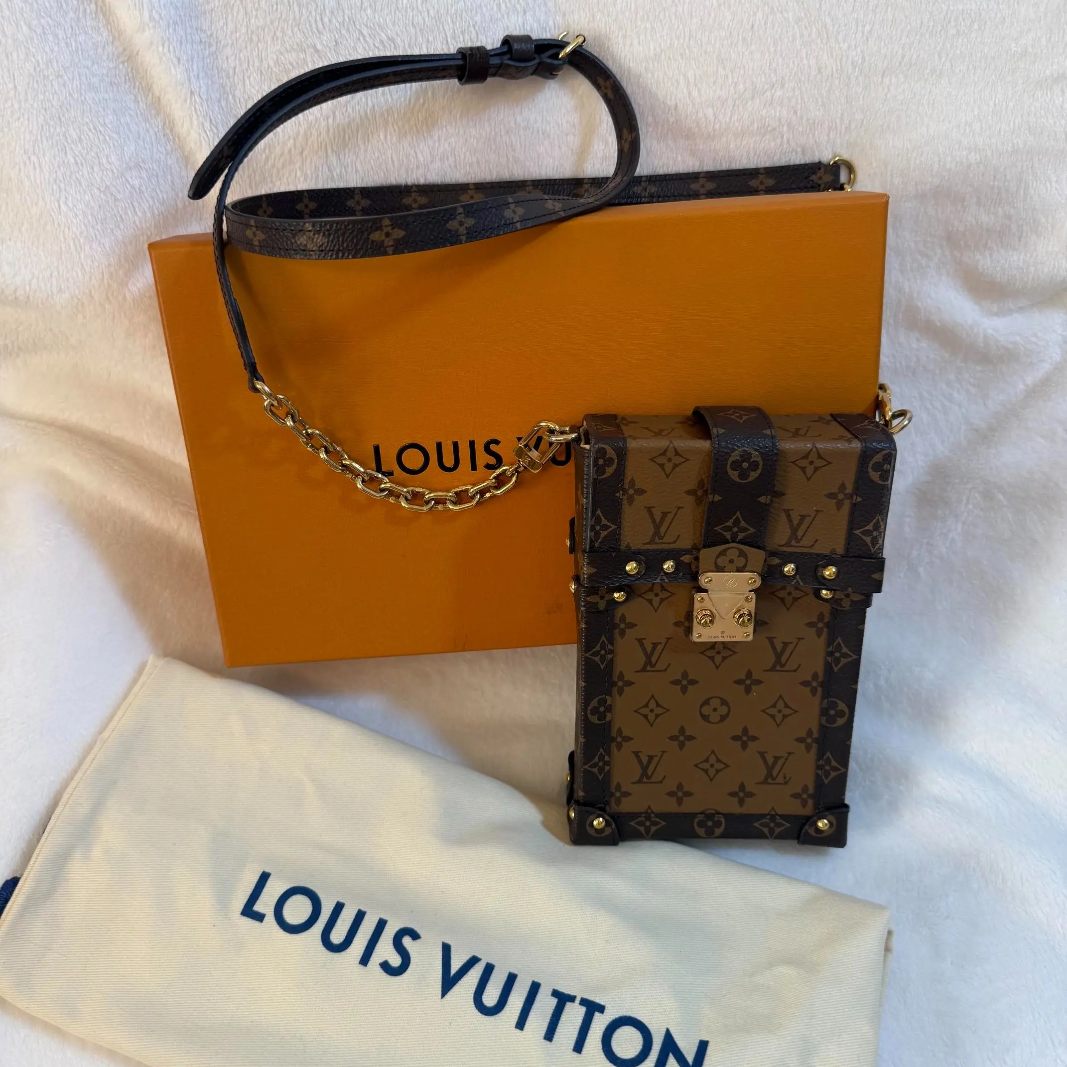 Pre-owned Louis Vuitton Coated Canvas and Leather Trunk Original Monogram Vertical Pouchette Shoulder/Crossbody