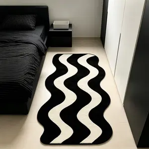 1 piece. Black and white irregular striped rug, minimalist abstract wave stripe rug for bedroom, bedside mat, French light luxury style home decor rug, soft and comfortable, suitable as a birthday gift for living room, hallway, entrance, and kitchen.