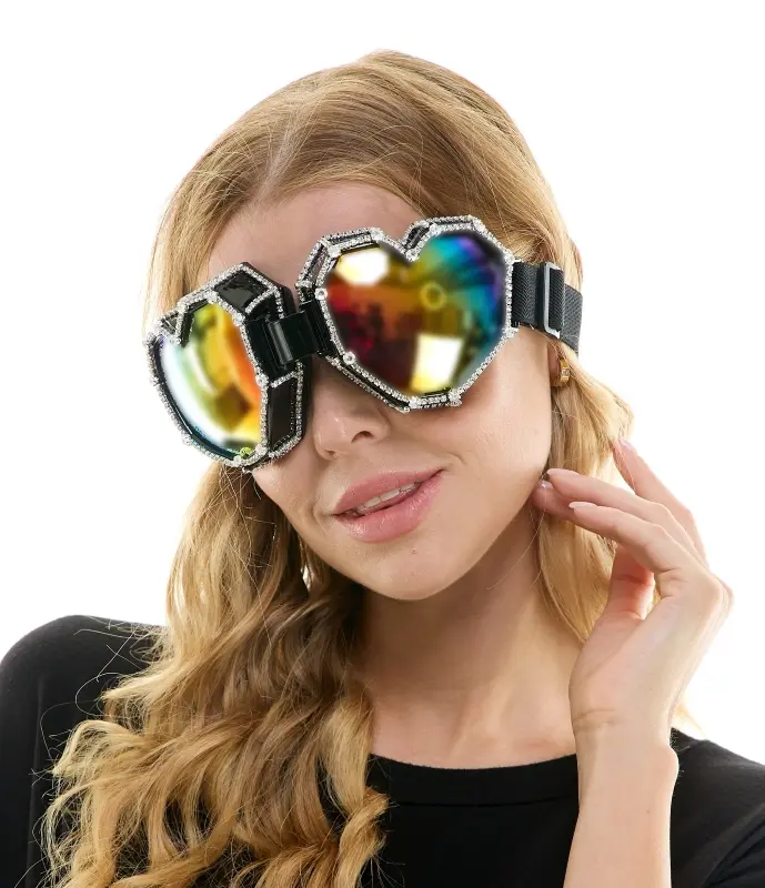 Heart Shaped Festival Rave Goggles with Rhinestone Gems – Trendy UV Protection Glasses for Festivals, EDM, and Costumes
