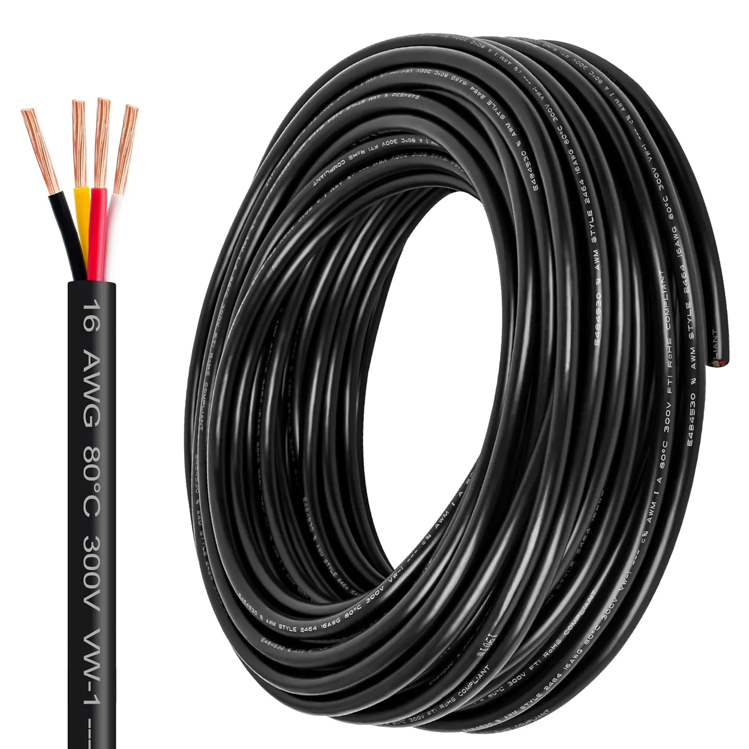 16 Gauge Wire 4 Conductor,16 AWG Electrical Wire Stranded PVC Cord Oxygen-Free Copper Cable,26FT 4 Core Pure Copper Flexible Cable Wire for LED Lamp Lighting Strips Automotive (16AWG-4C, 26FT)-