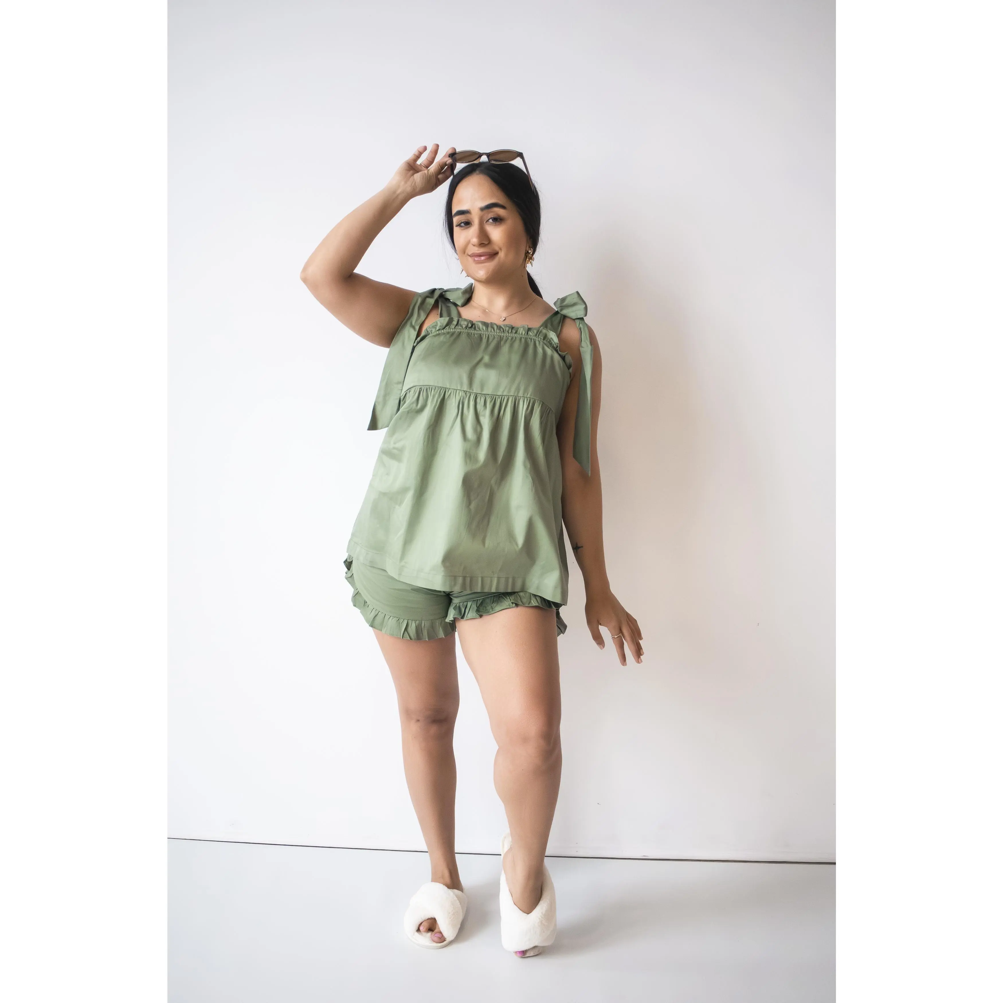 Women's Soft Sage Green Ruffle 2-Piece 100% Cotton Pyjama Set - Adjustable Bow Knot Straps, Elastic Shorts, Women's Sleepwear & Loungewear, Pyjama Sets, Romantic Look, Ruffled Edges, Soft Cotton