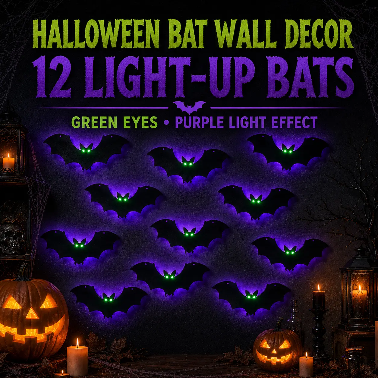 Halloween Light-Up Bat Wall Decorations (12-Pack) - 6 Large (12.6in) & 6 Small (8.7in) with Green LED Eyes, Purple Backlight, Adhesive Dots & Fishing Line for Home, Party, Porch