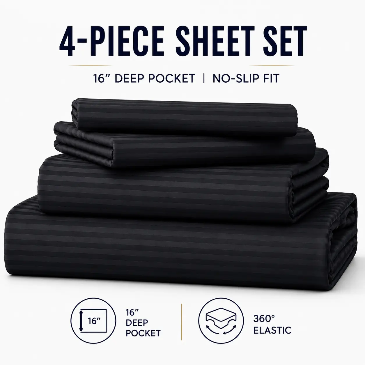 CANSUNCH Luxury 4-Piece Jacquard Weave Striped Bed Sheet Set - 16" Deep Pocket Silky Satin Microfiber, Soft Easy-Care Machine Wash, All-Season Fitted Sheet Bedding Sets Collections Decor