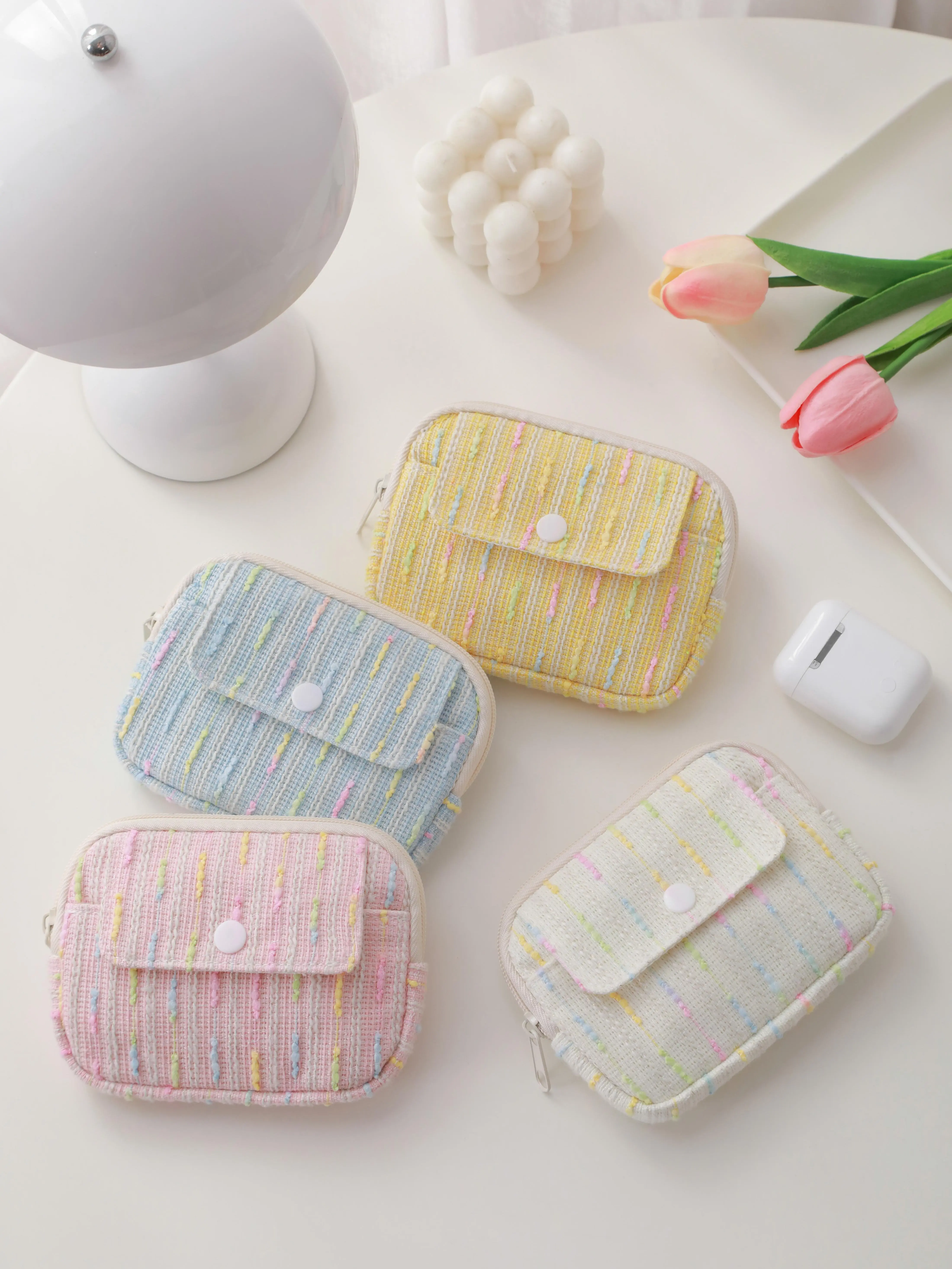 Dual Compartment Zip & Snap Pouch Purse Organizer for Keys Cash Coins Cards Lipstick Multi Pocket Tweed Cosmetic Pouch Bag Essentials