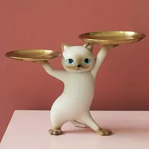 1pc Whimsical Resin Cat Statue with 2 Metal Trays, Cute Entrance Key Candy Organizer, Nordic Minimalist Table Sculpture Home Decor