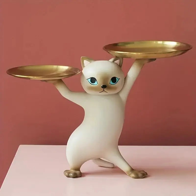 1pc Whimsical Resin Cat Statue with 2 Metal Trays, Cute Entrance Key Candy Organizer, Nordic Minimalist Table Sculpture Decorative Piece, Creative Home Decor