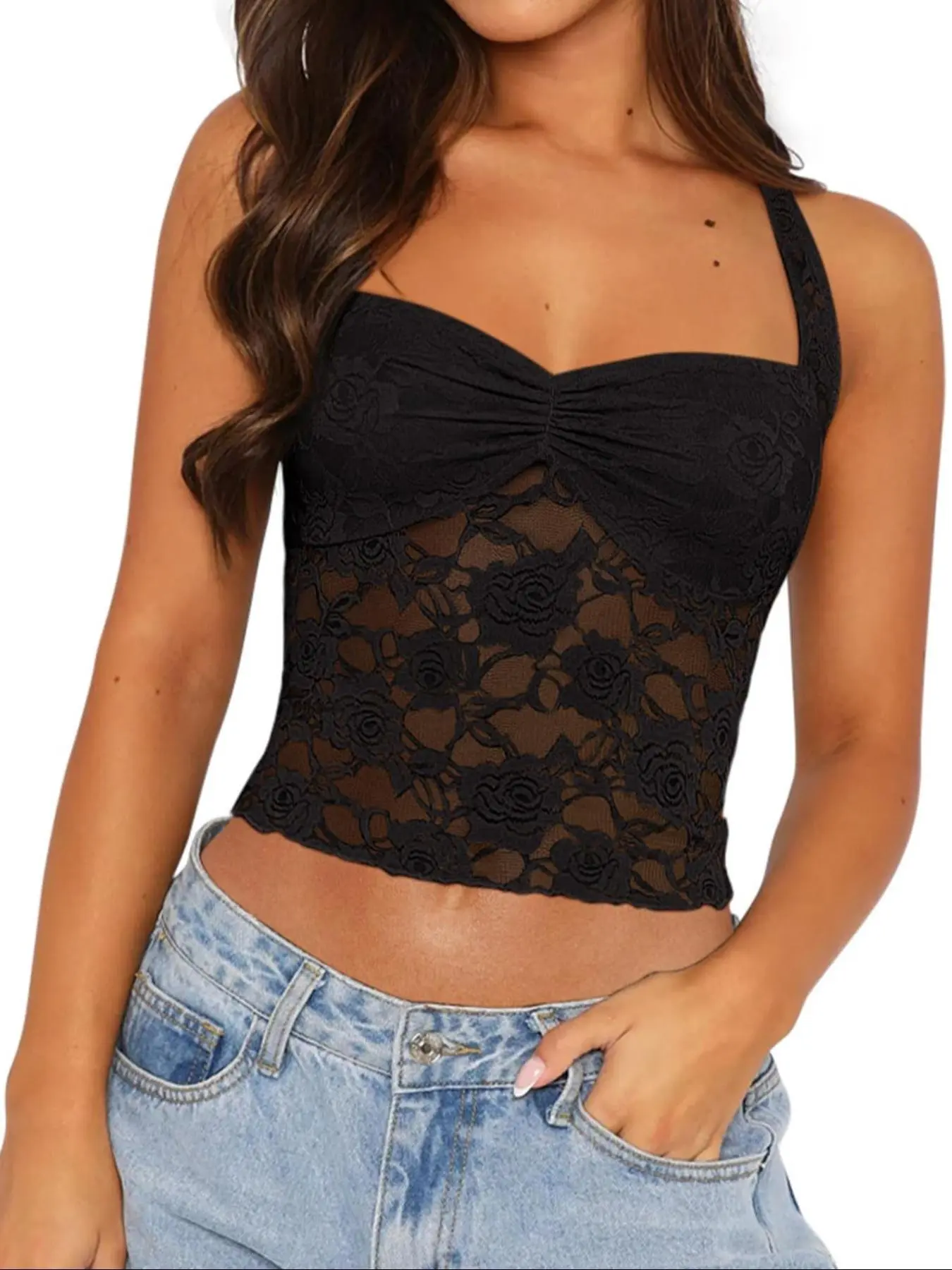 Women's Tie-Back Ruched Solid Color Crop Top, Casual Chic Aesthetic Style Sleeveless Sheer Floral Lace Top for Spring and Fall, Slim Fitting No Buttons