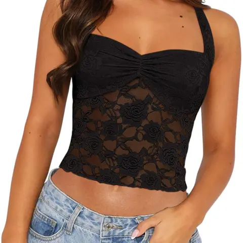 Women's Tie-Back Ruched Solid Color Crop Top, Casual Chic Style Sleeveless Sheer Floral Lace Top for Spring and Fall, Slim Fitting No Buttons Adjustable