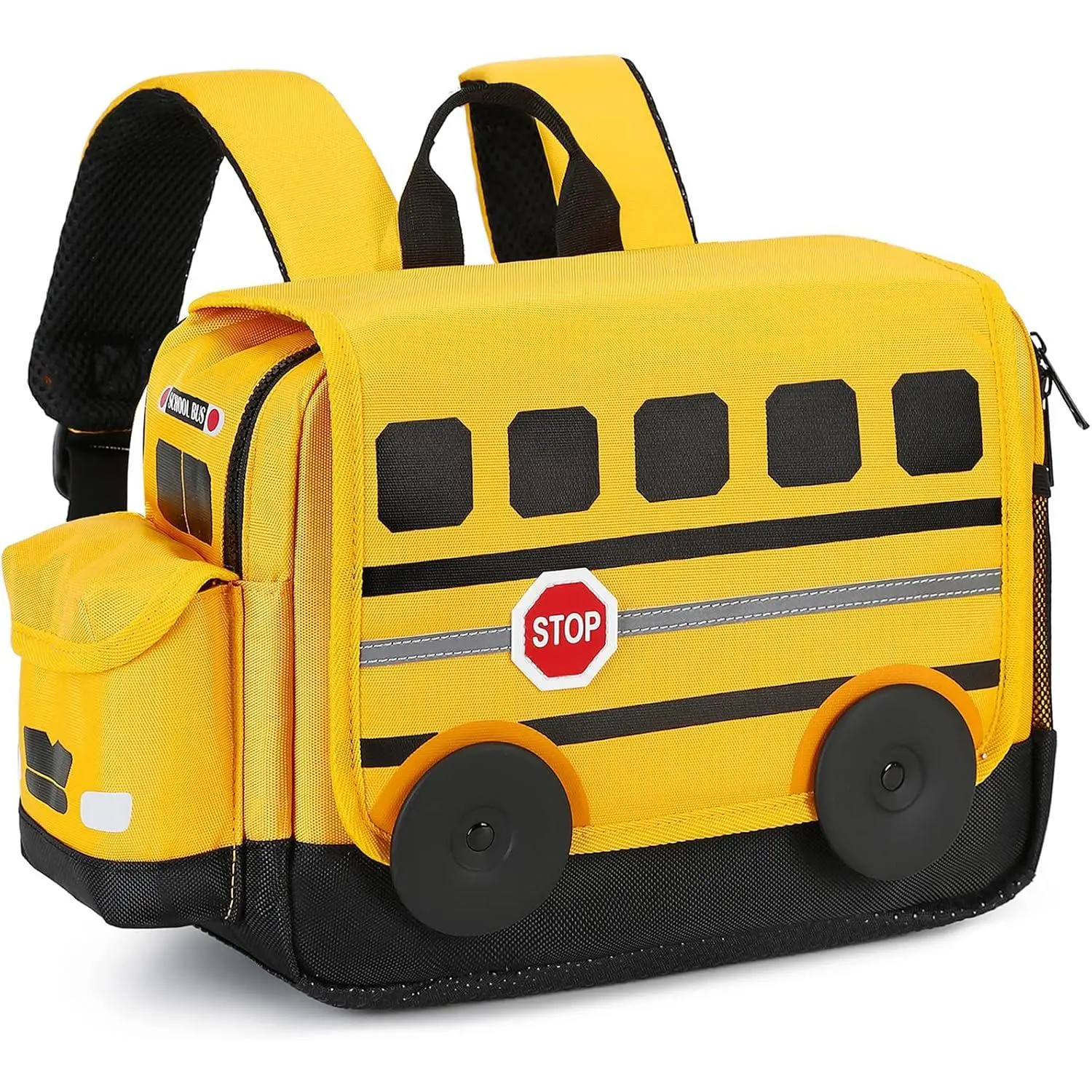 Unisex Polyester Cute Kids Backpack KF5-PBC02 - 3D Cartoon Bus, 3D Bus Wheels, Car-Obsessed Design, Medium Yellow, 10L (11.8*9*5.9in), Built-In Organizer, Anti-Slip Particles, Name Tag, Zip, Dustproof, for Preschool Toddlers