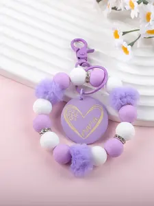 Mama Pom Pom Beaded Wristlet Keychain, Silicone Bead Heart Wooden Tag, Mother's Day Gift, Boho Wrist Key Holder for Purse, Car Keys, Backpack, Soft Pompom Keychain