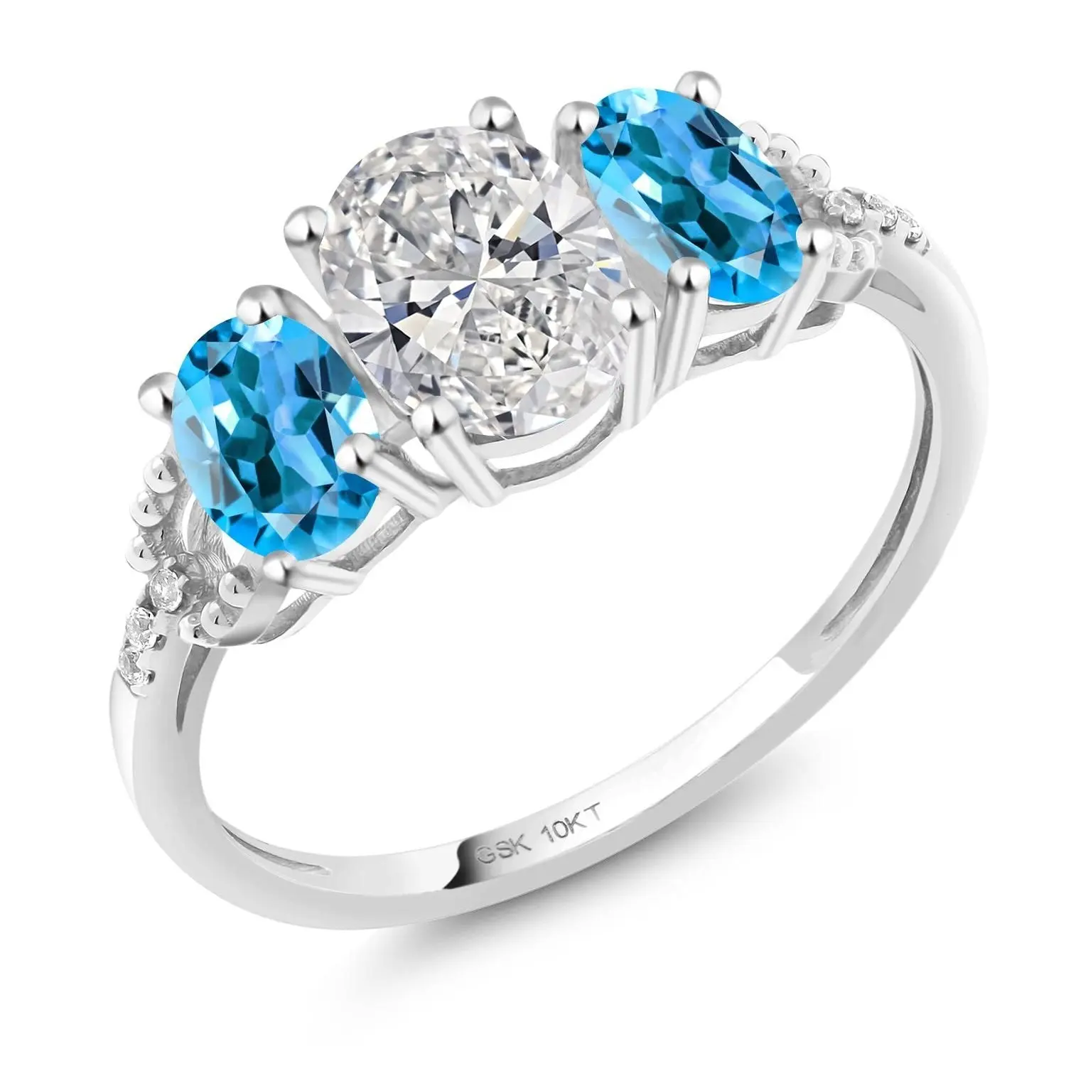 10K White Gold IGI Certified Lab Grown Diamond and Swiss Blue Topaz 3-Stone Engagement Ring | 2.12 Cttw | Center Oval Diamond 1.00 Ct | D-E Color | VS1-VS2 Clarity