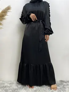 Women's Solid Woven Belted Ruffle Hem Frill Trim Dress, Elegant Chic Long Sleeve Bishop Sleeve Keyhole Neckline A Line Dress for Party Holiday Wedding Guest, Ladies Summer Clothes, Womenswear