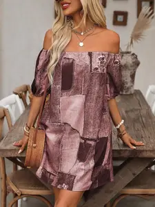 Women's Summer Spring One-Shoulder Abstract Print Vintage Bubble Sleeve Feminine Mini Dress, Loose Casual Beach Vacation Date Short Skirt
