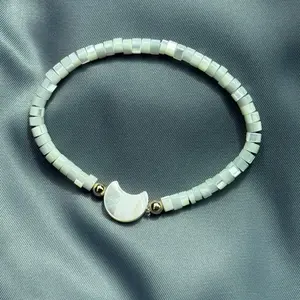Mother of Pearl Crescent Moon Bracelet - White Beaded Stretch Bracelet with Gold Accents, Celestial Jewelry, Dainty Minimalist Gift for Wome