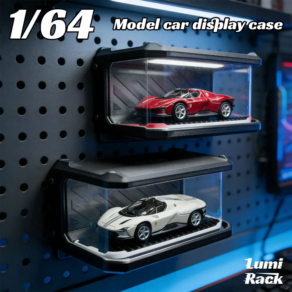 Car Garage Display Case, 1/64 Scale DIY LED Magnetic Model Car Storage Box with Dust Covers, Fits Hot Wheels & Matchbox