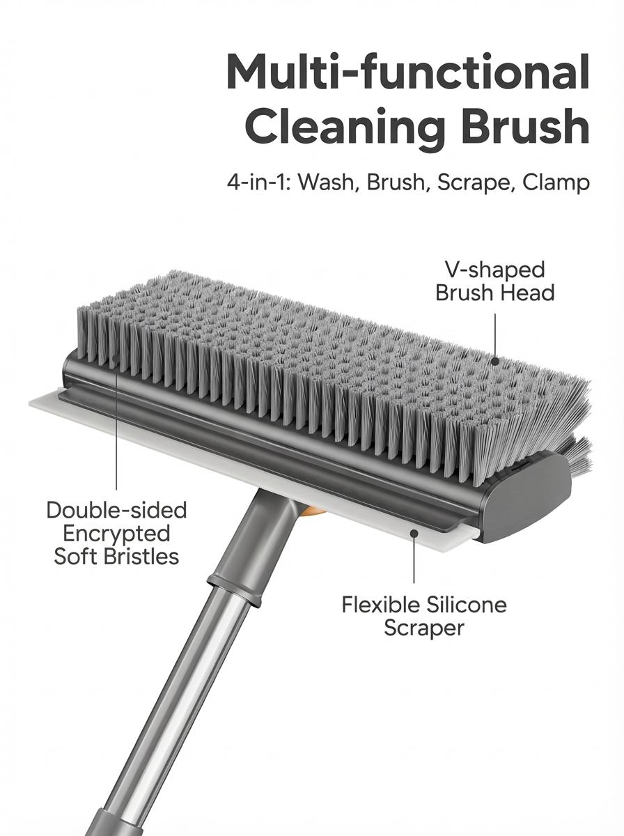 A-3-in-1 Floor Scrub Brush with Long Handle, Heavy Duty Stiff Bristle Scrubber with Squeegee, Multipurpose Cleaning Brush for Bathroom, Shower, Patio, Garage, Deck and Tile Grout