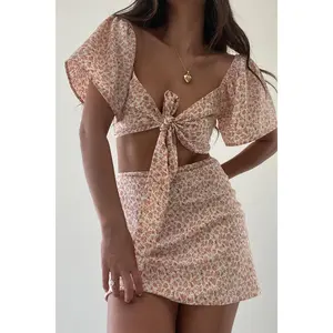 Floral Self Tie Smocked Top and Skirt Set