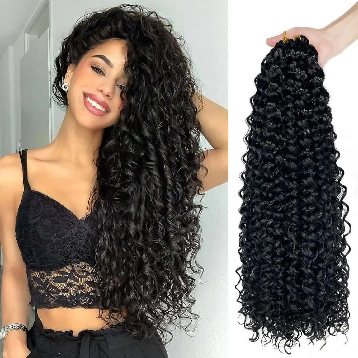 Deep Wave Crochet Hair Ocean Wave Crochet Braids - Long Curly Synthetic Hair Extensions for Black Women, Water Wave Crochet Hair Braiding Extensions, Soft Natural Boho Wave Hairpiece for Daily Party Use (18 Inch, Natural Black)