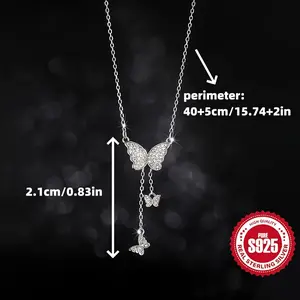 Women's Elegant Butterfly Pendant Necklace, 925 Sterling Silver, Luxurious Zirconia Inlaid Tassel Design, Hypoallergenic, Suitable for Daily Wear and Vacation, Christmas Gift initial pendant necklace daily gift jewelry  gifts    Cross Vintage