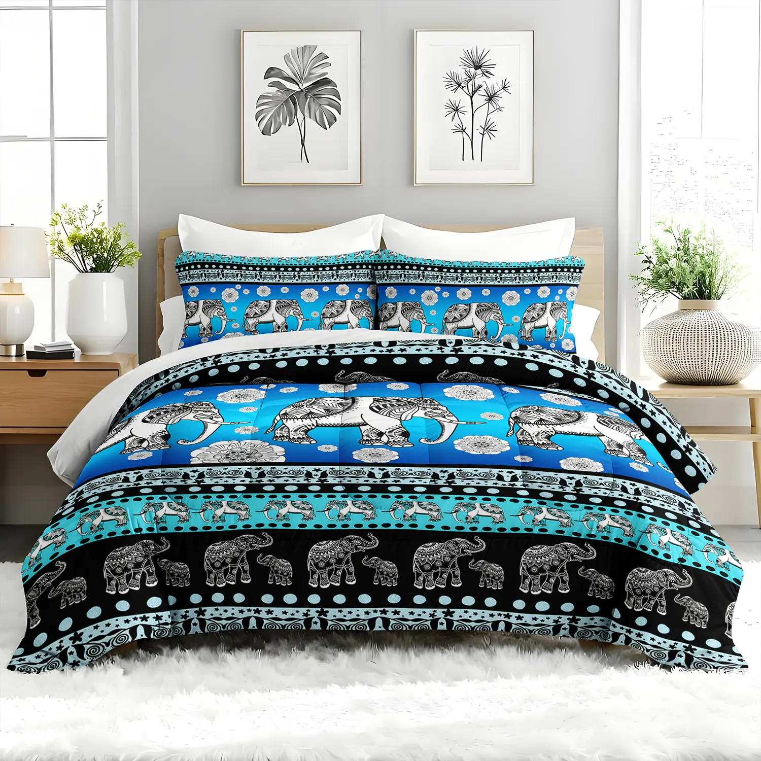 Queen Size 3-Piece Soft Elephant Print Animals Microfibre Comforter Set - Warm, Breathable, Lightweight Polyester All-Seasons Bedding, Machine Washable Quilt with 2 Pillowcases for Bedroom Decor, Family Gift