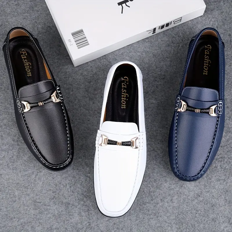 Men's Genuine Leather Slip-On Loafers - British Style Penny Loafer Shoes with Golden-Tone Buckle-like Strap (No Lace), Round Toe & PU Cushioning - All-Season Black/White/Navy Blue for Business Casual, Office & Formal Wear