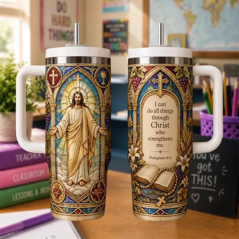 Philippians 4:13 Jesus 40oz Tumbler with Handle and Straw, Christian Faith Travel Cup, I Can Do All Things Through Christ Bible Verse Design, Religious Teacher Gift, Stainless Steel Insulated Mug, Church Gift Drinkware