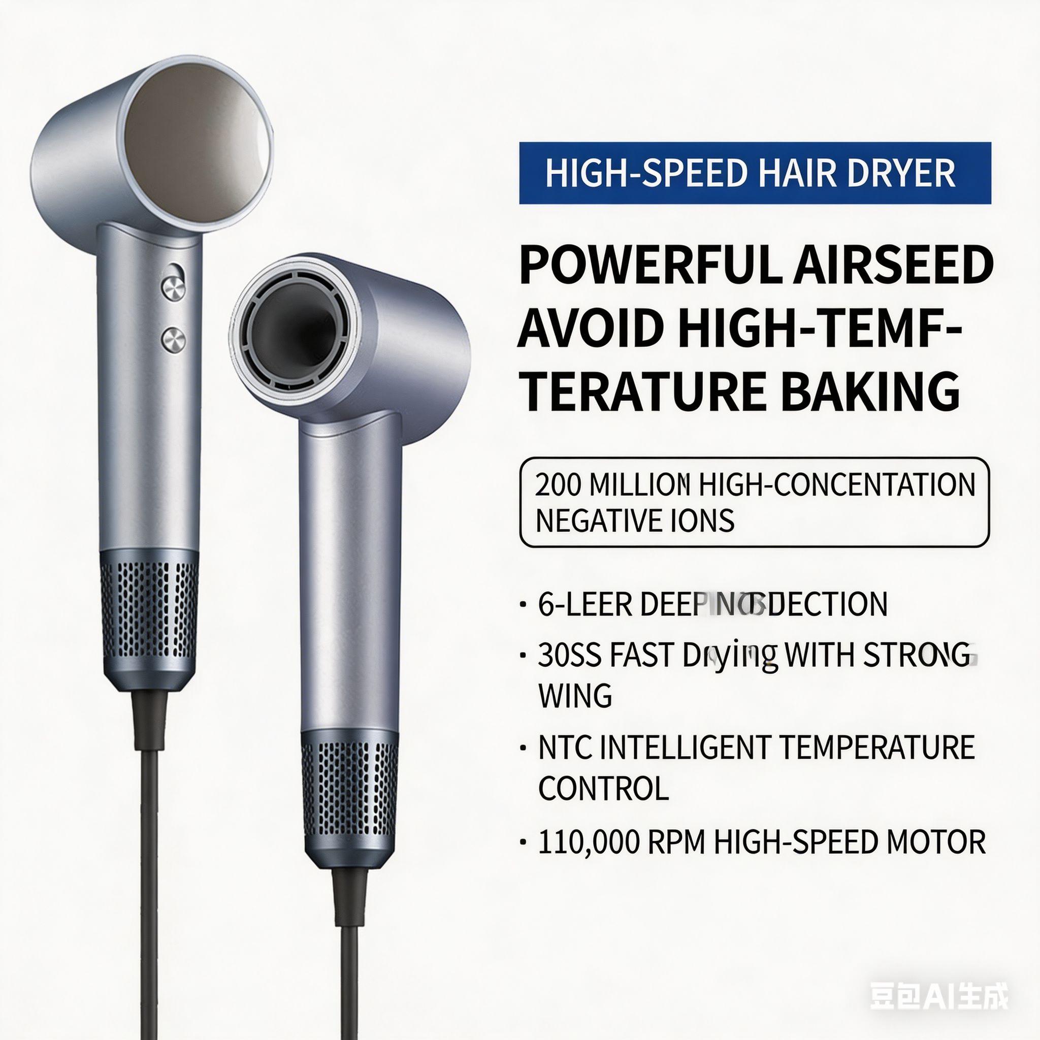 High-speed hair dryer, plasma hair dryer for hair and scalp care, intelligent temperature control, no static electricity or frizz, the perfect choice for home use.