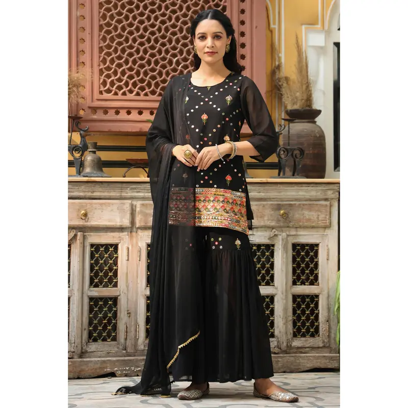 Juniper Women's Black Soild Georgette Tunic Sharara & Dupatta With With Thread & Mirror Work
