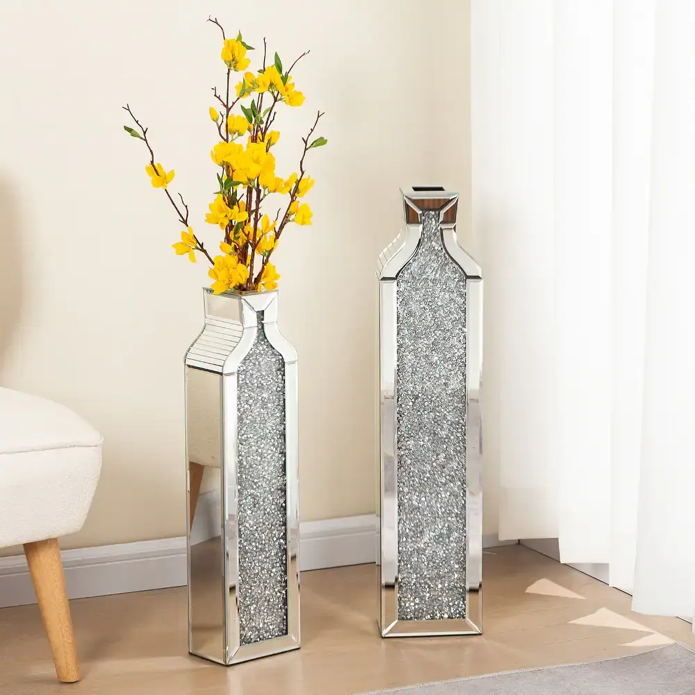 SHYFOY 2-Piece Tall Crushed Diamond Mirrored Floor Vases - High Quality, Luxurious Look, Mirror Finish, Sturdy MDF, Large Size Minimalist Home Decor for Coffee Table