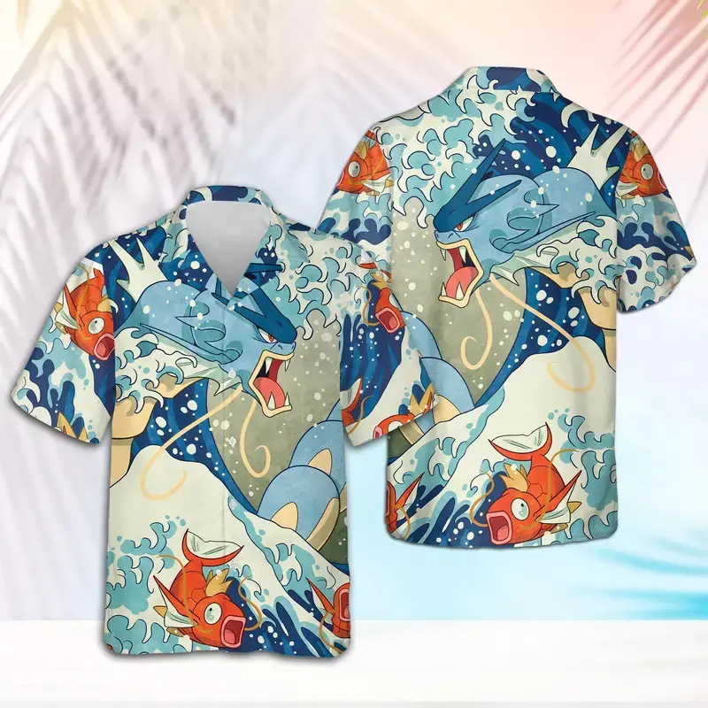 Gyarados Hawaiian Print Shirt, Magikarp Water Dragon Aloha Shirt, Anime Summer Beach Top, Tropical Ocean, Cartoon Gift for Boy