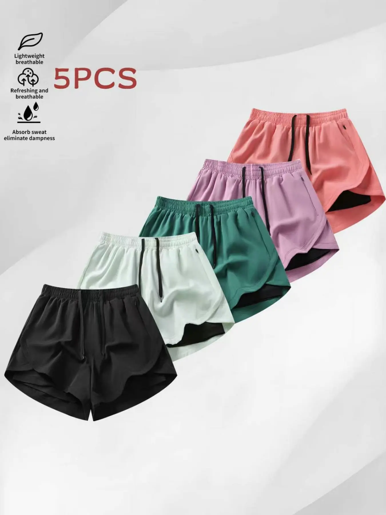 5 Pcs Women's Summer Lightweight Elastic Double Layer Anti-See-Through Soft Activewear Athletic Sports Shorts, Solid Color Fashion Outdoor Casual Fitness Running Bermuda Pants, Lightweight Workout Exercise Shorts