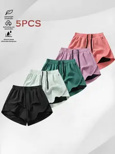 5 Pcs Women's Summer Lightweight Elastic Double Layer Anti-See-Through Soft Activewear Shorts, Solid Color Fashion Outdoor Casual Fitness Running Bermuda Pants