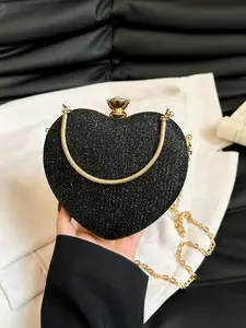 Women's Sparkling Rhinestone Heart Crossbody Bag, Fashion Metal Chain Shoulder Bag, Cute Small Phone Wallet Purse, Crossbody Clutch Purse, Perfect Gift for Girls