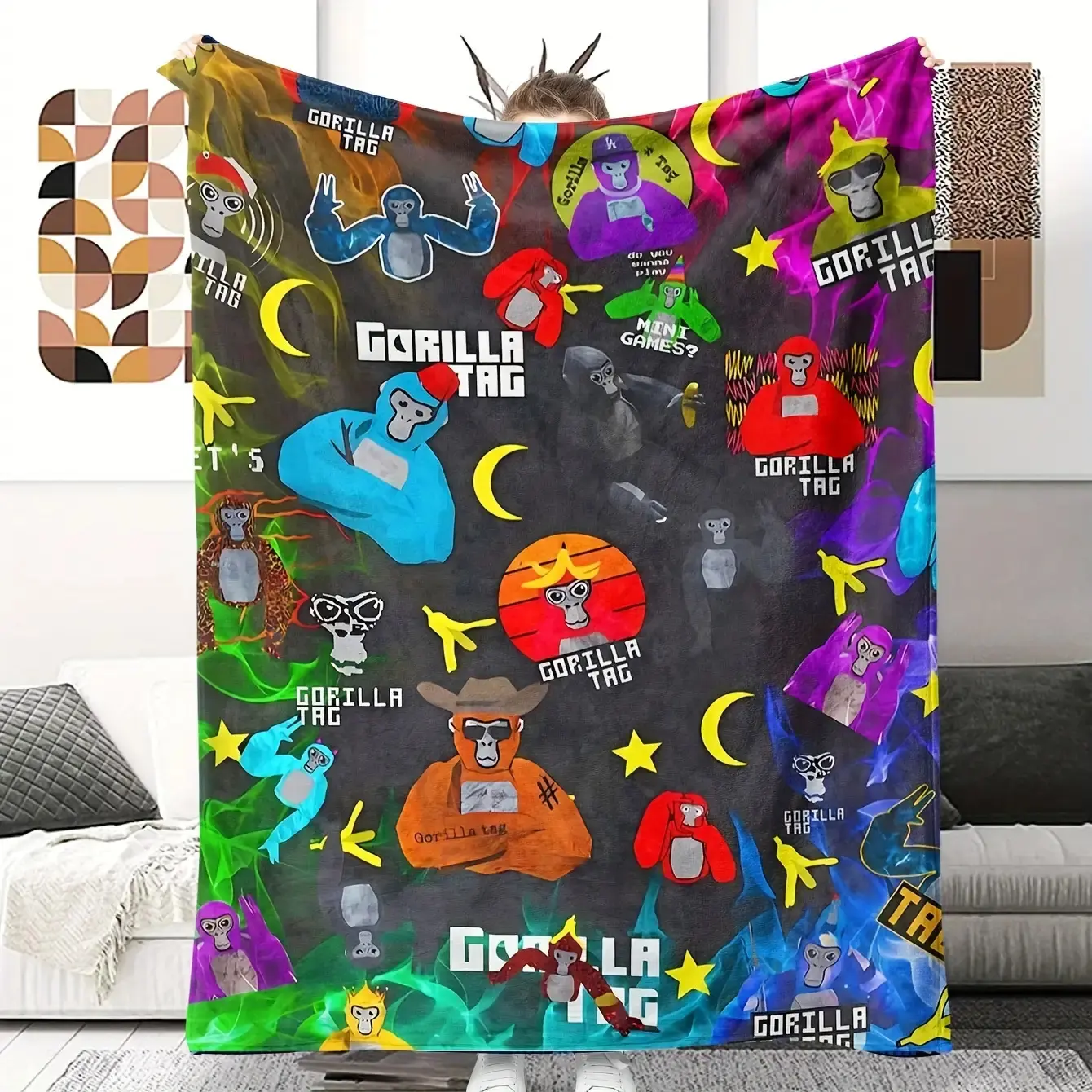 Comfortable Gorilla Print Blanket - Vibrant Design, Tear-Resistant Polyester Fiber, All-Season Camping Throw with Fun Gorilla Illustration and "GORILLA TAG" Text, Comfortable Indoor Blanket Colorful Blanket
