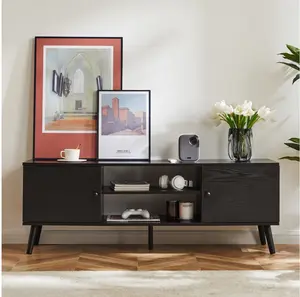 Mid-Century Modern Wooden TV Stand for 55-60” TVs, 2 Storage Cabinets, Adjustable Shelf, Cable Management, Sturdy Legs, Easy Assembly, Black