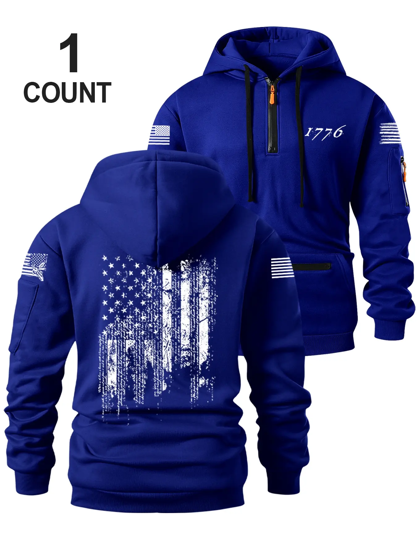 Men's Half-Zip Hooded Sweatshirt, Trendy Pocket Zipper Design, Flag Print, Multiple Colors Available, Loose Fit, Casual Streetwear, Long Sleeve, Menswear, Fabric, Fan Shirt Hoodie