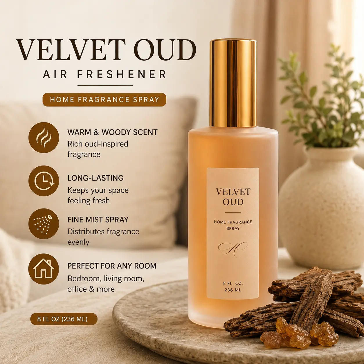 Velvet Oud Woody Scent Aroma Air Freshener Spray - Luxury 8oz Home Fragrance Mist, Long-Lasting for Bedroom, Living Room