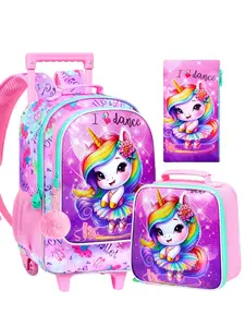 3pcs Unicorn Ballet Rolling Backpack Set for Girls, Cute Rainbow Unicorn Ballerina Print, Wheeled School Backpack, Insulated Lunch Bag, Pencil Case