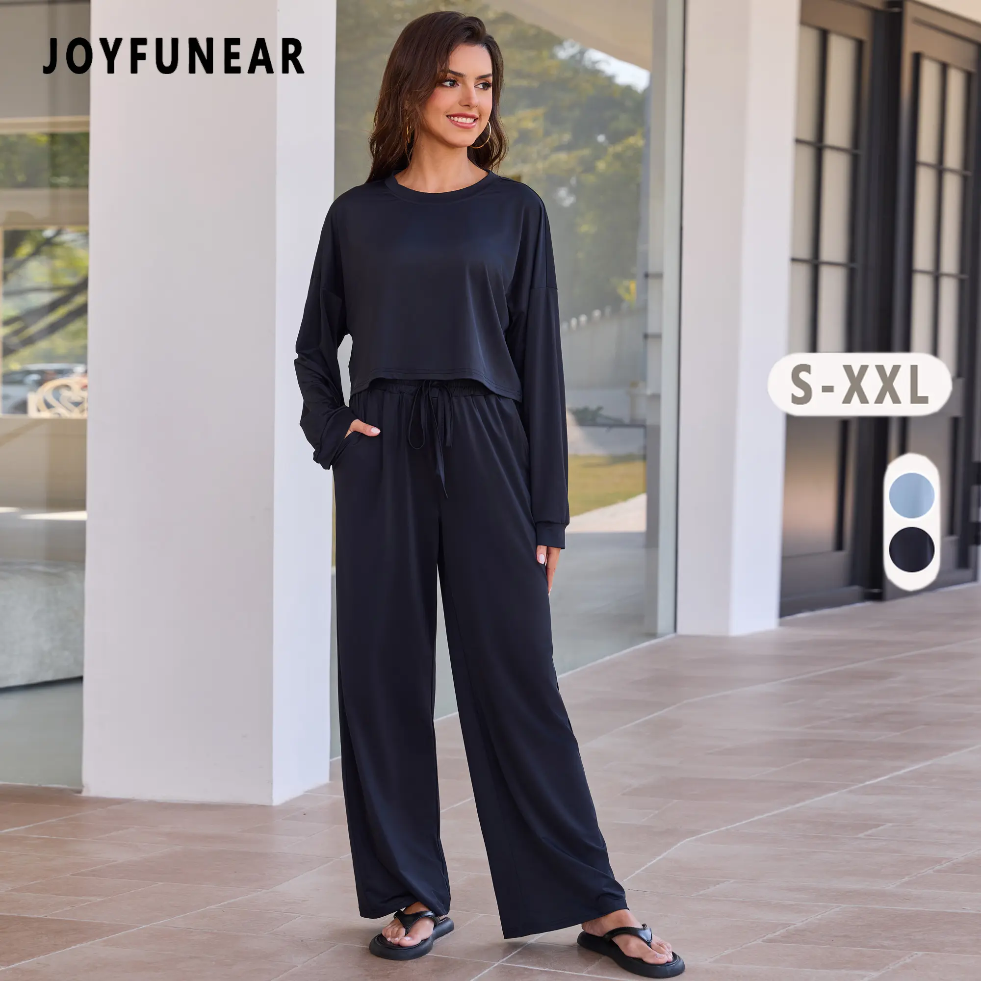 Joyfunear Spring and summer women's solid color casual long sleeved top and pants two-piece set