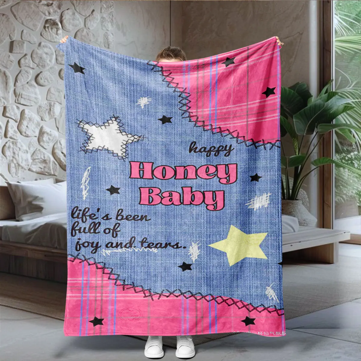 Sweet Cool Denim Style Honey Baby Blanket, Blue Star Patchwork Flannel Throw, Warm Bed Sofa Cover, Ideal for Travel Office Home Decor