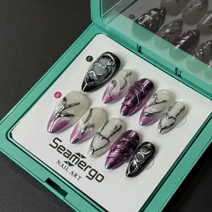 10PCS Gothic Purple Almond Press On Nails,Y2K Metallic Silver Antler Heart Reusable Fake Nails For Daily Goth Party