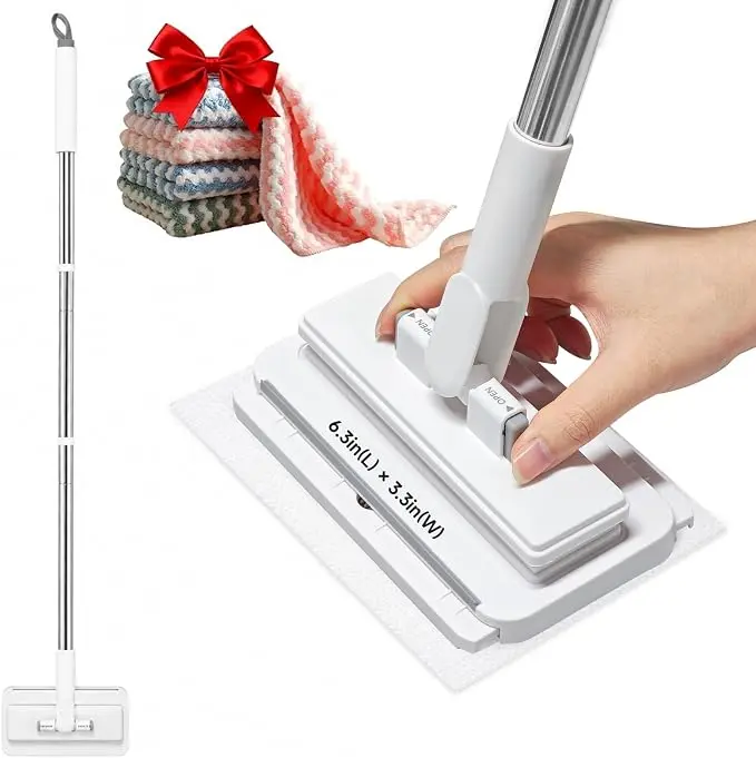 Multifunctional Hands-Free Snap-On Flat Mop - No-Contact Cleaning Mop with Automatic Clamp Head, Telescopic Long Handle, 1-Click Pad Replacement, Portable Household Cleaner for Walls, Ceilings (Pad Color Random)