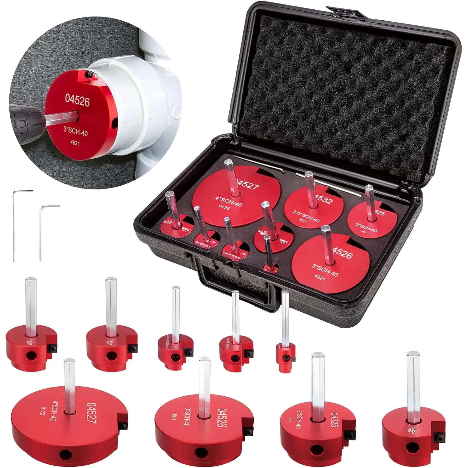 9PCS PVC Pipe Reamer Kit, Includes Sizes1/2", 3/4", 1", 1-1/4", 1-1/2", 2", 3", 4" , For Standard 1/2" Drills, Ideal for PVC, CPVC, ABS Pipes, Perfect for Plumbing Repairs