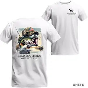 Wild Southern Outfitters T-Shirt – Bass Fish Jumping with Hat Graphic, Perfect Gift for Fishing Enthusiasts and Anglers, Men's Cotton Tee