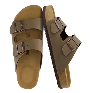 CUSHIONAIRE Lane Cork Footbed Mens Sandals, Adjustable Buckle Comfort Slides for Men Brown Nubuck 13